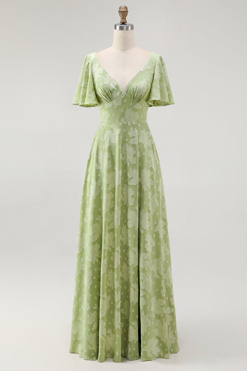 Laden Sie das Bild in den Galerie-Viewer, Grünes Geblümtes A-Linie Brautjungfernkleid mit kurzen Ärmeln