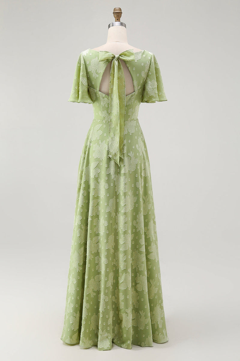 Laden Sie das Bild in den Galerie-Viewer, Grünes Geblümtes A-Linie Brautjungfernkleid mit kurzen Ärmeln