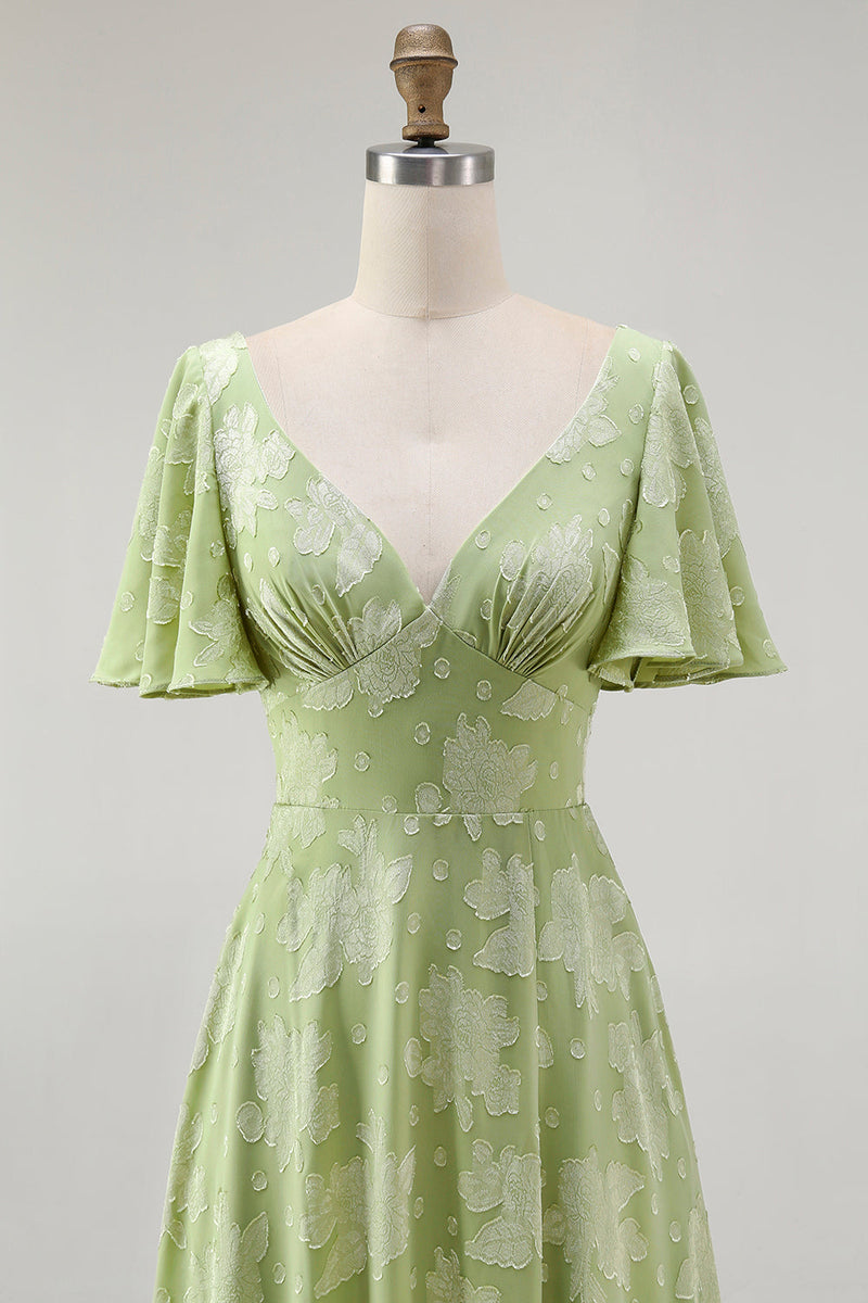 Laden Sie das Bild in den Galerie-Viewer, Grünes Geblümtes A-Linie Brautjungfernkleid mit kurzen Ärmeln