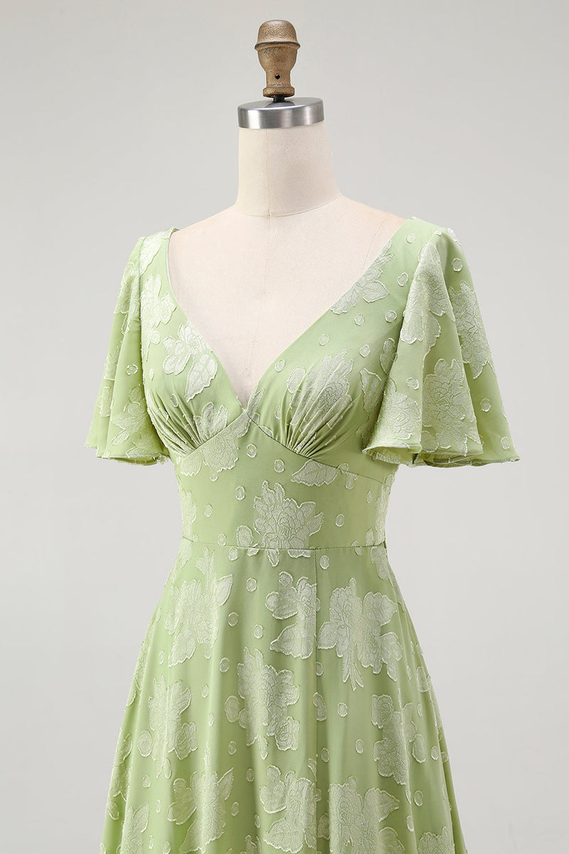 Laden Sie das Bild in den Galerie-Viewer, Grünes Geblümtes A-Linie Brautjungfernkleid mit kurzen Ärmeln