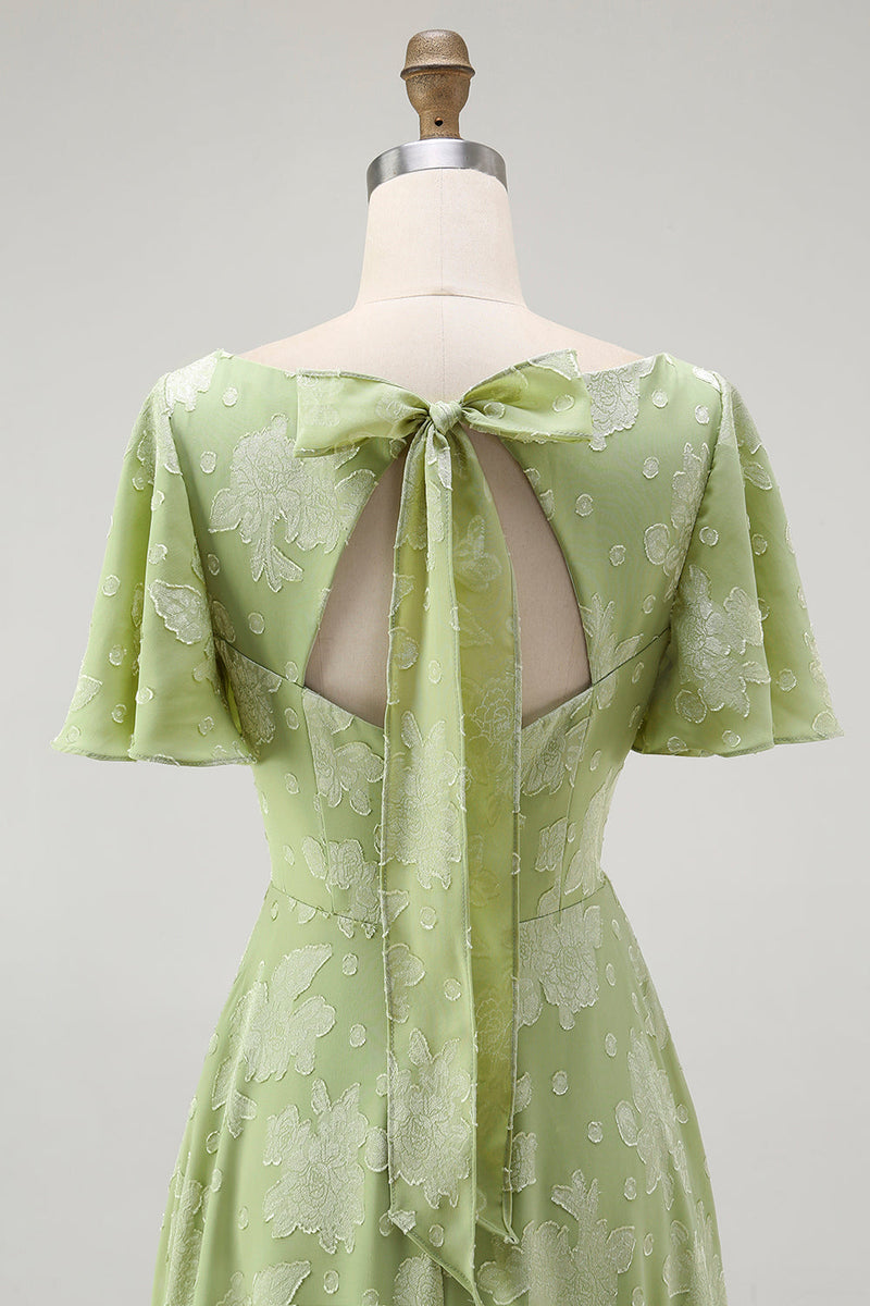 Laden Sie das Bild in den Galerie-Viewer, Grünes Geblümtes A-Linie Brautjungfernkleid mit kurzen Ärmeln