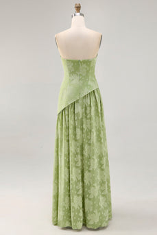 Blumen Trägerloses Bedrucktes Salbeigrünes Brautjungfernkleid mit Schlitz