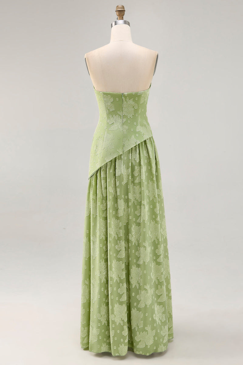 Laden Sie das Bild in den Galerie-Viewer, Blumen Trägerloses Bedrucktes Salbeigrünes Brautjungfernkleid mit Schlitz