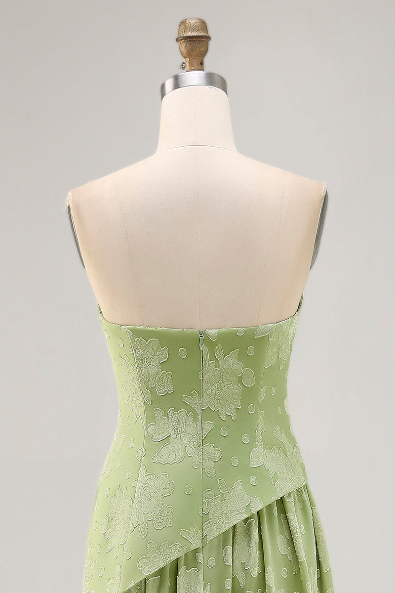 Laden Sie das Bild in den Galerie-Viewer, Blumen Trägerloses Bedrucktes Salbeigrünes Brautjungfernkleid mit Schlitz