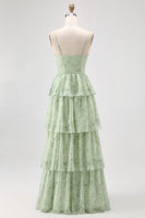 Laden Sie das Bild in den Galerie-Viewer, Dusty Sage A Linie Korsett Gestuftes Chiffon Langes Brautjungfernkleid mit Schlitz