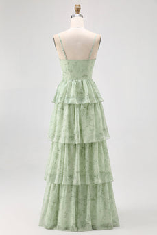 Dusty Sage A Linie Korsett Gestuftes Chiffon Langes Brautjungfernkleid mit Schlitz