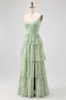 Laden Sie das Bild in den Galerie-Viewer, Dusty Sage A Linie Korsett Gestuftes Chiffon Langes Brautjungfernkleid mit Schlitz