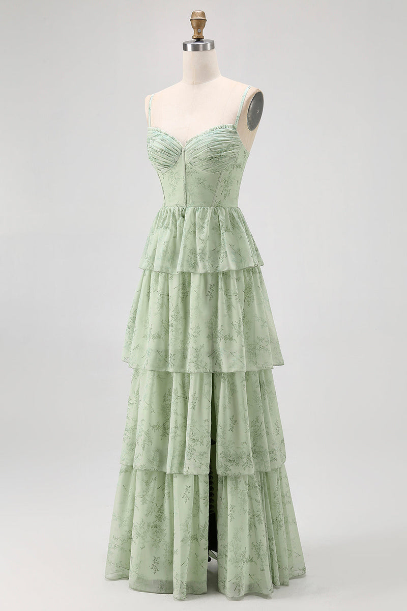 Laden Sie das Bild in den Galerie-Viewer, Dusty Sage A Linie Korsett Gestuftes Chiffon Langes Brautjungfernkleid mit Schlitz