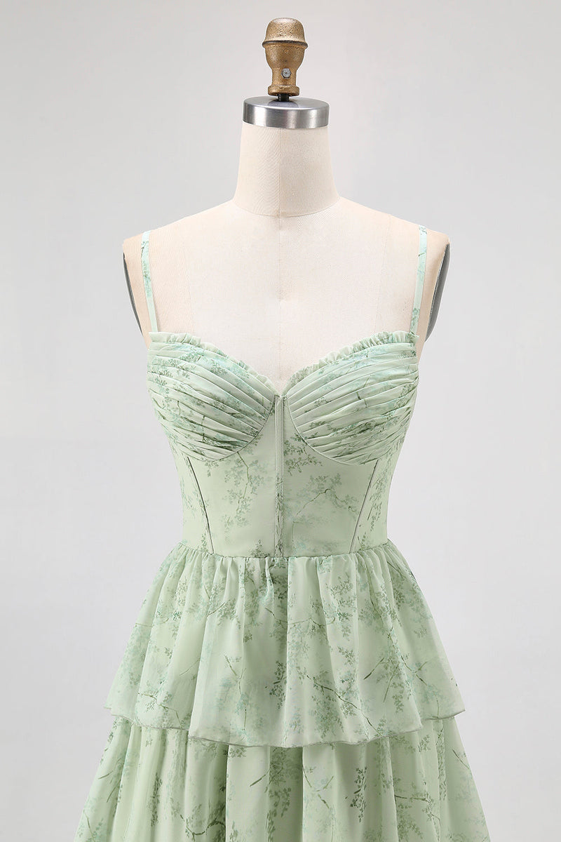 Laden Sie das Bild in den Galerie-Viewer, Dusty Sage A Linie Korsett Gestuftes Chiffon Langes Brautjungfernkleid mit Schlitz