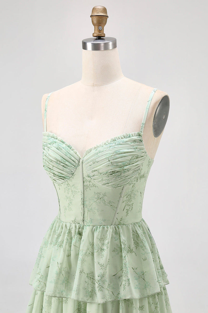 Laden Sie das Bild in den Galerie-Viewer, Dusty Sage A Linie Korsett Gestuftes Chiffon Langes Brautjungfernkleid mit Schlitz