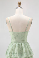 Laden Sie das Bild in den Galerie-Viewer, Dusty Sage A Linie Korsett Gestuftes Chiffon Langes Brautjungfernkleid mit Schlitz