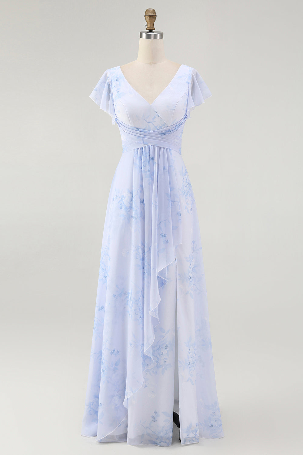 Blaues Blumen-A-Linie Chiffon Langes Brautjungfernkleid mit V-Ausschnitt und Schlitz