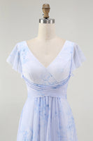 Laden Sie das Bild in den Galerie-Viewer, Blaues Blumen-A-Linie Chiffon Langes Brautjungfernkleid mit V-Ausschnitt und Schlitz