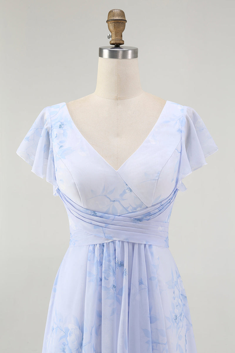 Laden Sie das Bild in den Galerie-Viewer, Blaues Blumen-A-Linie Chiffon Langes Brautjungfernkleid mit V-Ausschnitt und Schlitz