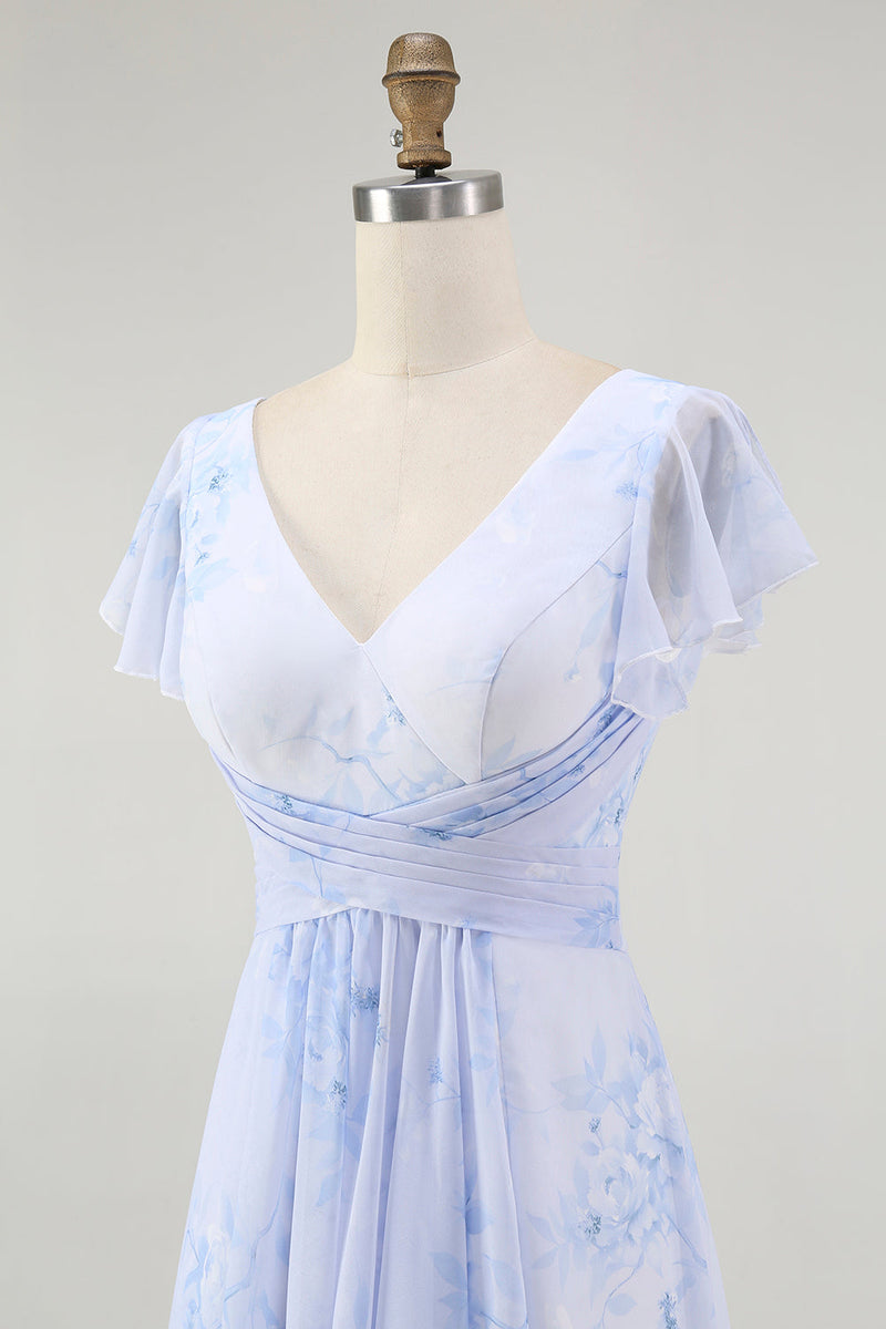 Laden Sie das Bild in den Galerie-Viewer, Blaues Blumen-A-Linie Chiffon Langes Brautjungfernkleid mit V-Ausschnitt und Schlitz