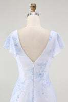 Laden Sie das Bild in den Galerie-Viewer, Blaues Blumen-A-Linie Chiffon Langes Brautjungfernkleid mit V-Ausschnitt und Schlitz