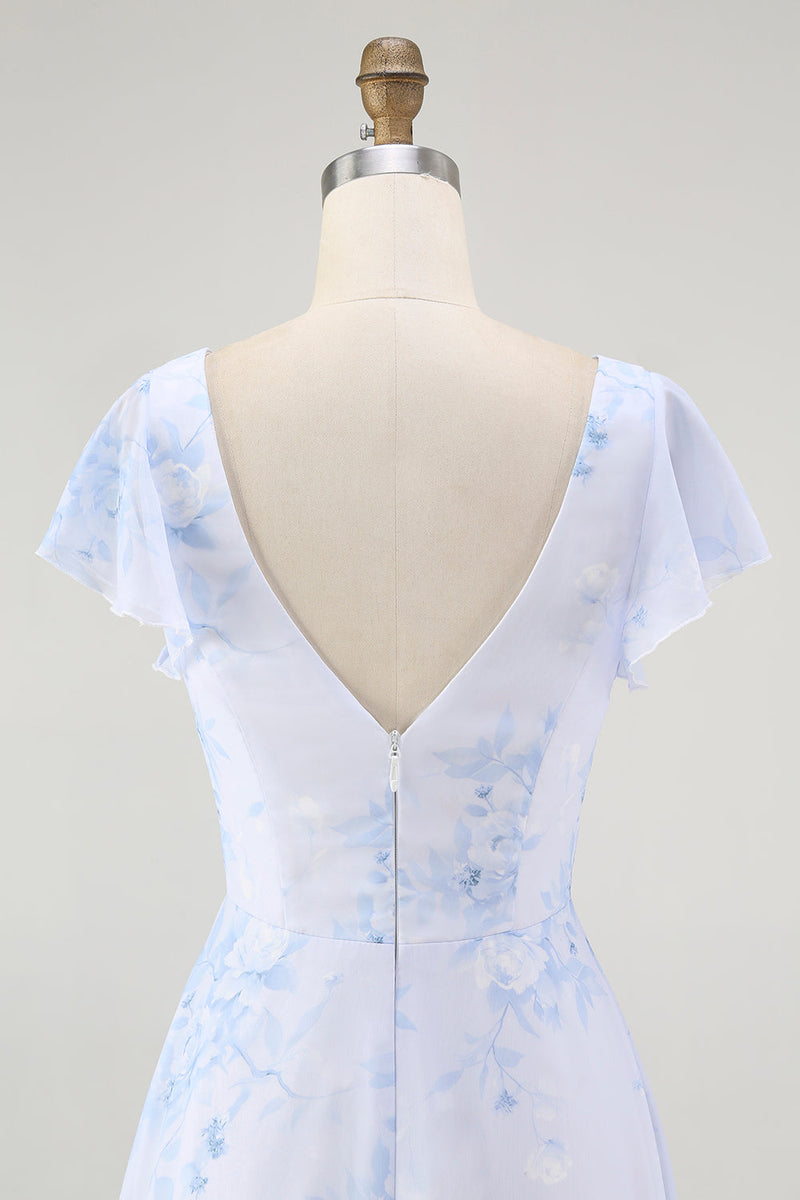 Laden Sie das Bild in den Galerie-Viewer, Blaues Blumen-A-Linie Chiffon Langes Brautjungfernkleid mit V-Ausschnitt und Schlitz