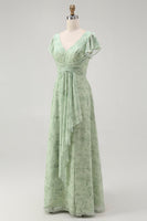 Laden Sie das Bild in den Galerie-Viewer, Blaues Blumen-A-Linie Chiffon Langes Brautjungfernkleid mit V-Ausschnitt und Schlitz