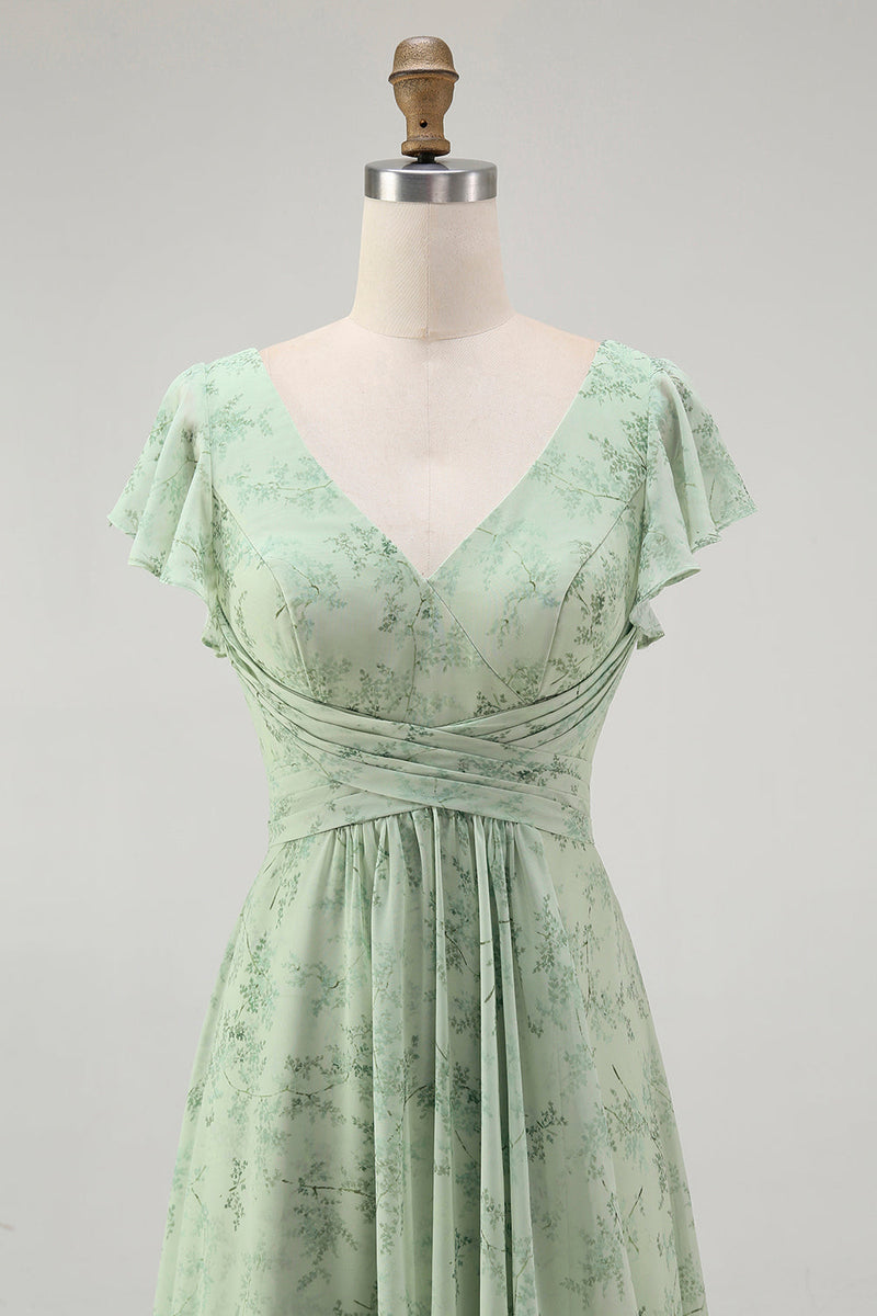 Laden Sie das Bild in den Galerie-Viewer, Blaues Blumen-A-Linie Chiffon Langes Brautjungfernkleid mit V-Ausschnitt und Schlitz