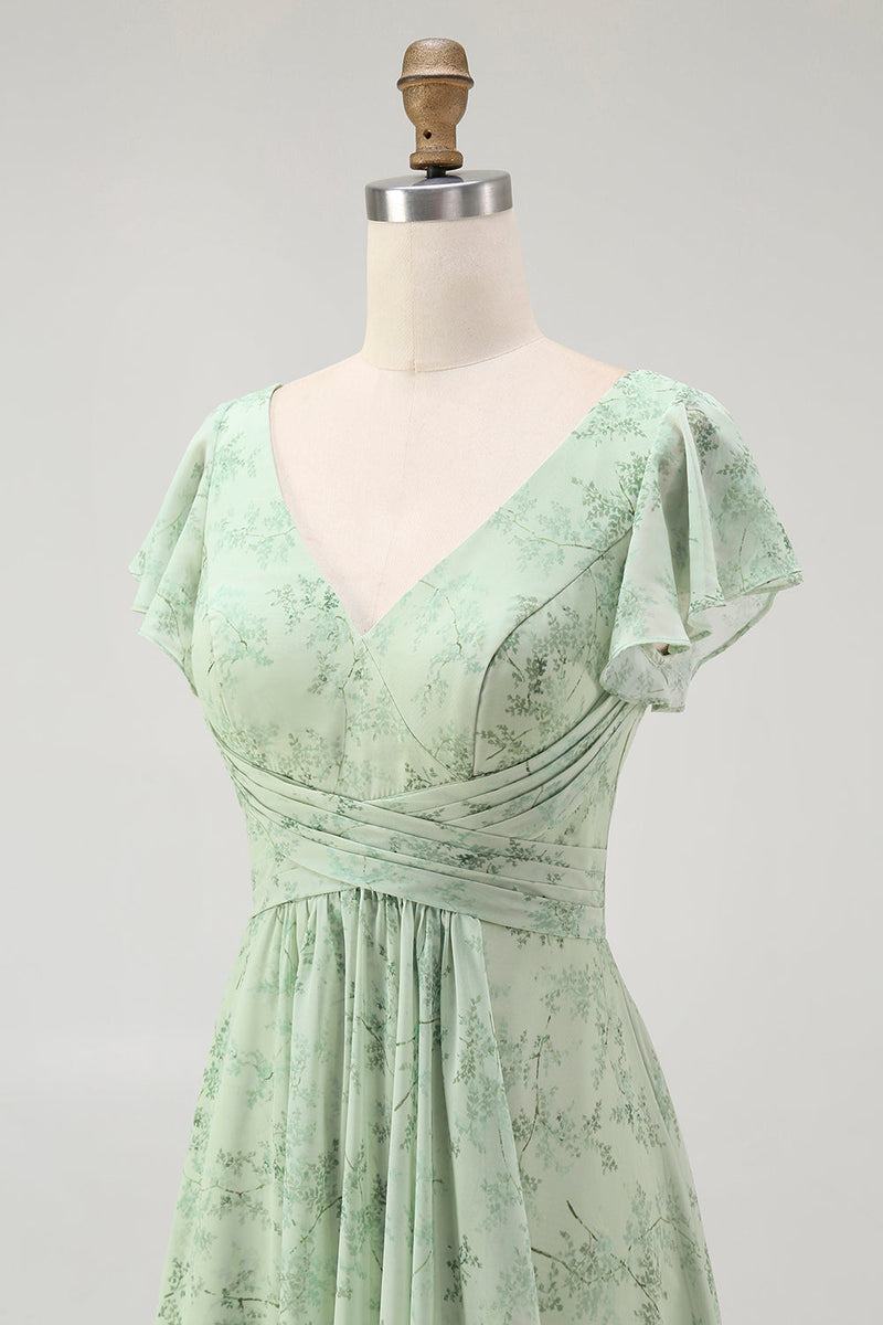 Laden Sie das Bild in den Galerie-Viewer, Dusty Sage A Linie Kurzärmeliges Brautjungfernkleid mit Schlitz