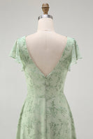 Laden Sie das Bild in den Galerie-Viewer, Blaues Blumen-A-Linie Chiffon Langes Brautjungfernkleid mit V-Ausschnitt und Schlitz