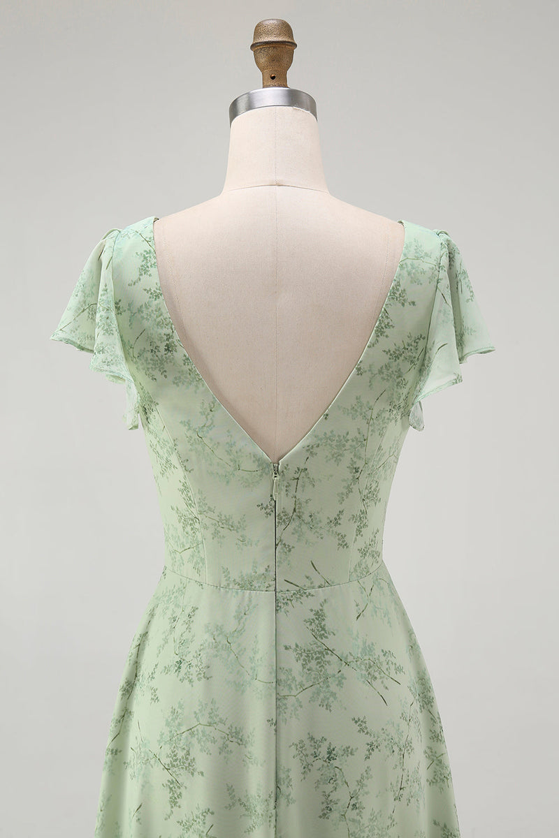 Laden Sie das Bild in den Galerie-Viewer, Blaues Blumen-A-Linie Chiffon Langes Brautjungfernkleid mit V-Ausschnitt und Schlitz