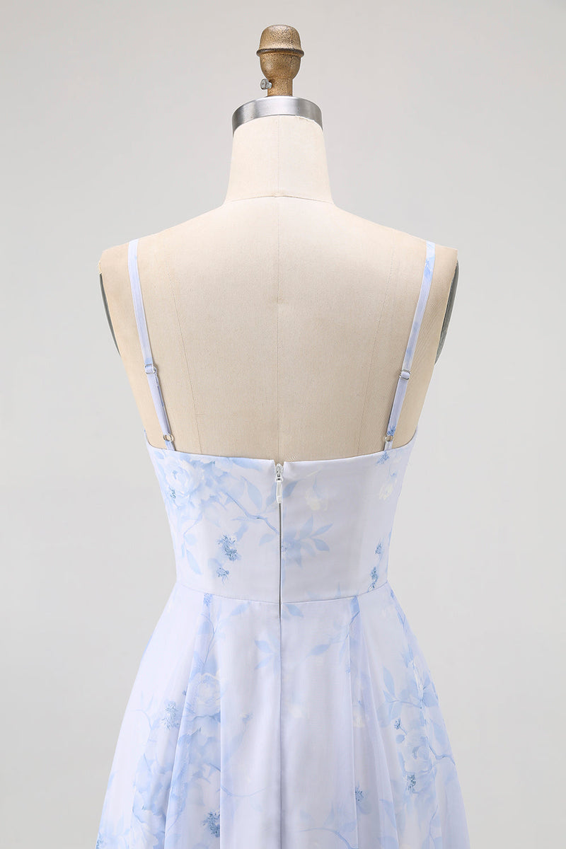 Laden Sie das Bild in den Galerie-Viewer, Blaues Geblümtes Spaghettiträger Chiffon A-Linie Brautjungfernkleid