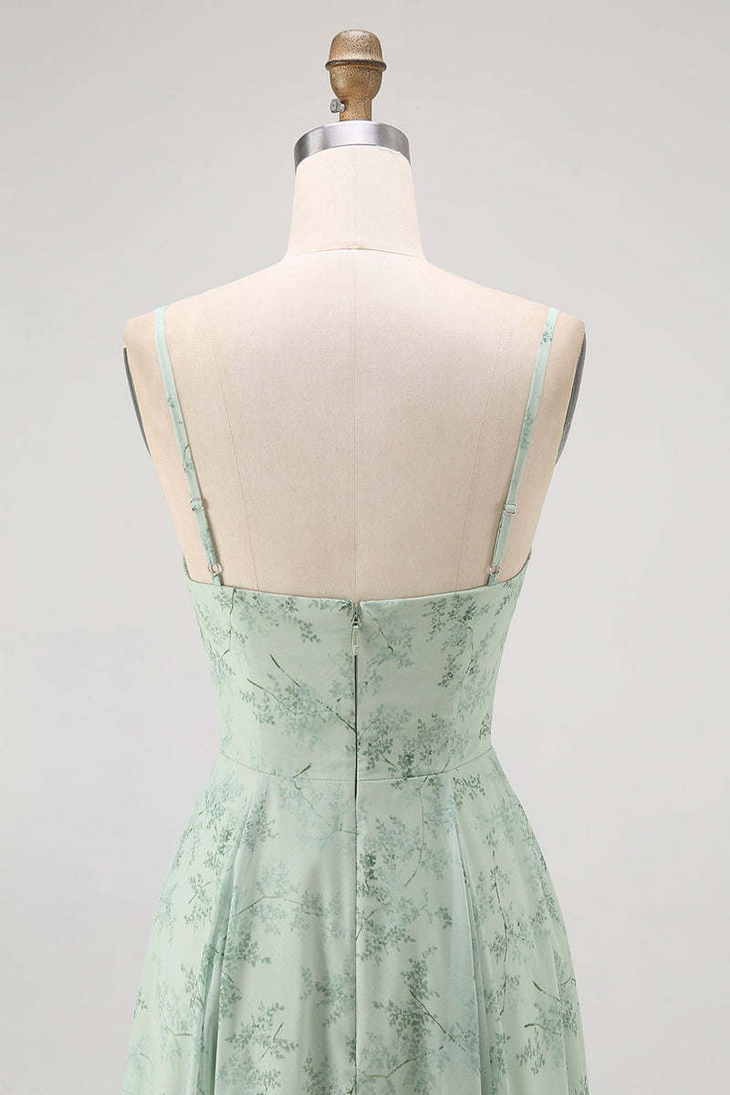 Laden Sie das Bild in den Galerie-Viewer, Blaues Geblümtes Spaghettiträger Chiffon A-Linie Brautjungfernkleid