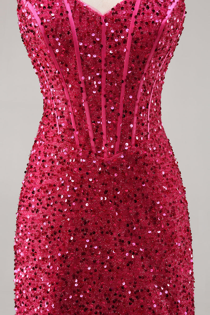 Laden Sie das Bild in den Galerie-Viewer, Glitzerndes Fuchsia Enges Korsett Abiballkleid