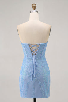 Blaues Bodycon Trägerloses Kurzes Abiballkleid mit Perlen