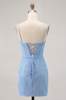 Laden Sie das Bild in den Galerie-Viewer, Blaues Bodycon Trägerloses Kurzes Abiballkleid mit Perlen