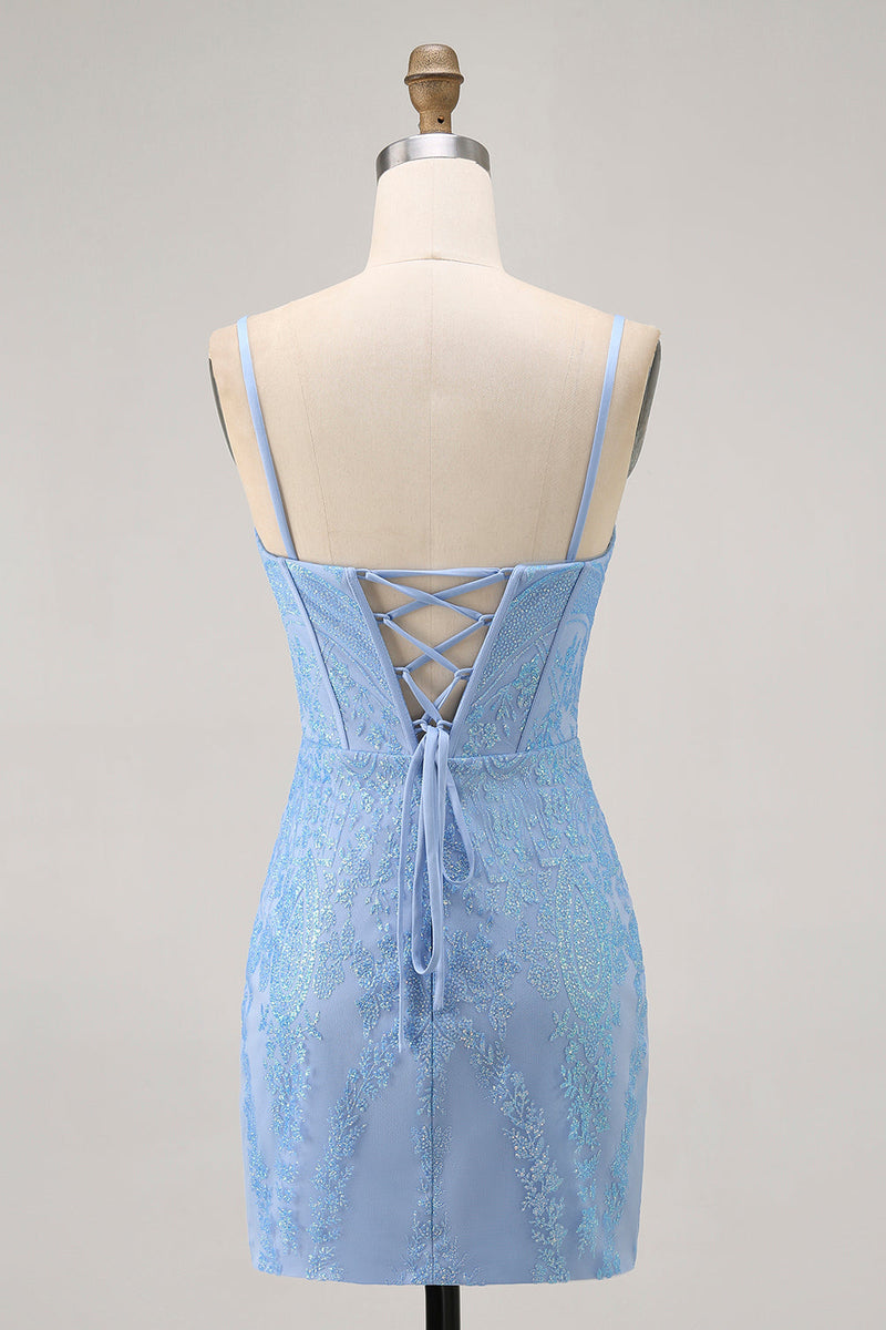 Laden Sie das Bild in den Galerie-Viewer, Blaues Bodycon Trägerloses Kurzes Abiballkleid mit Perlen