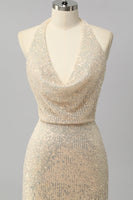 Laden Sie das Bild in den Galerie-Viewer, Aprikose Meerjungfrau Neckholder Pailletten Offener Rücken Langes Ballkleid