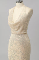 Laden Sie das Bild in den Galerie-Viewer, Aprikose Meerjungfrau Neckholder Pailletten Offener Rücken Langes Ballkleid