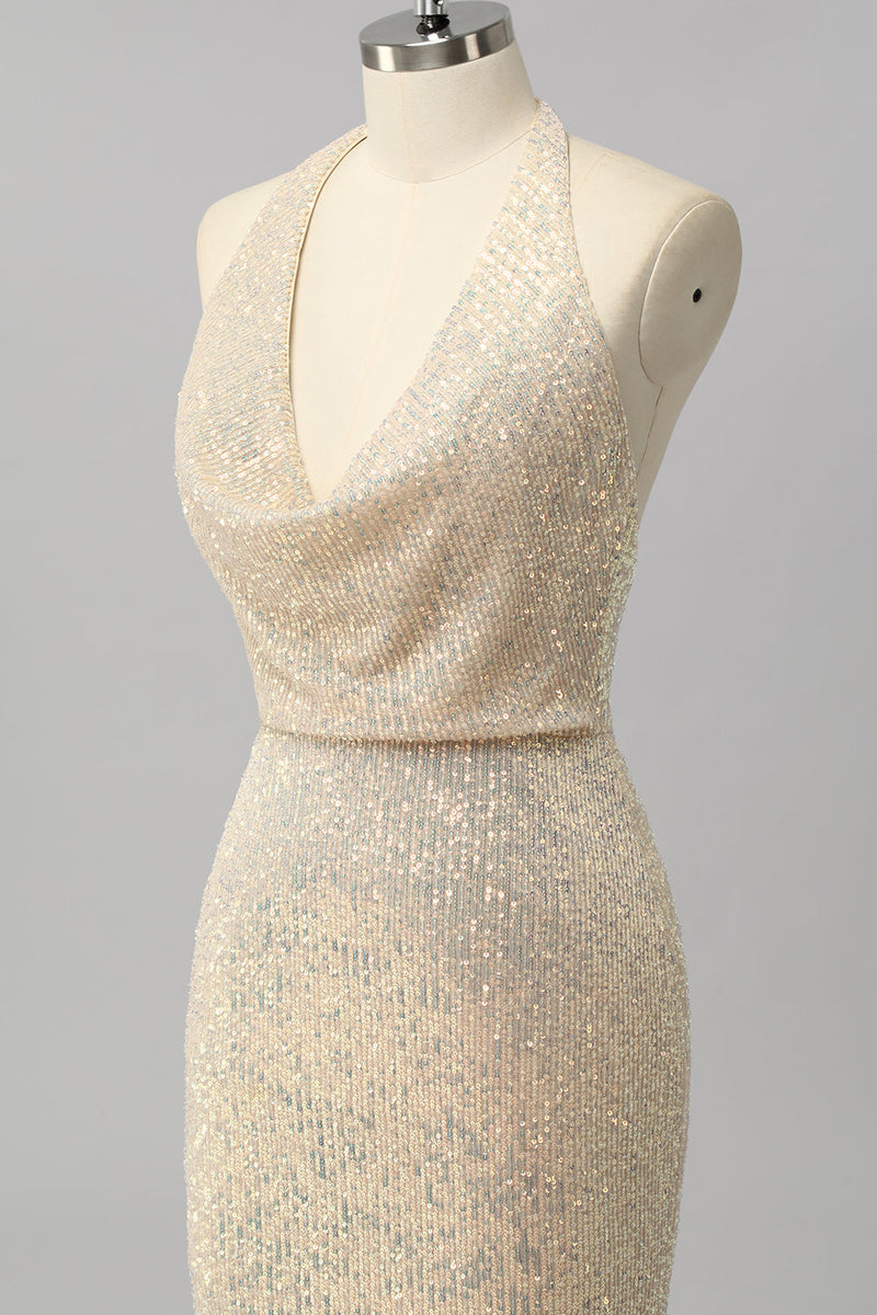 Laden Sie das Bild in den Galerie-Viewer, Aprikose Meerjungfrau Neckholder Pailletten Offener Rücken Langes Ballkleid