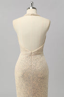 Laden Sie das Bild in den Galerie-Viewer, Aprikose Meerjungfrau Neckholder Pailletten Offener Rücken Langes Ballkleid