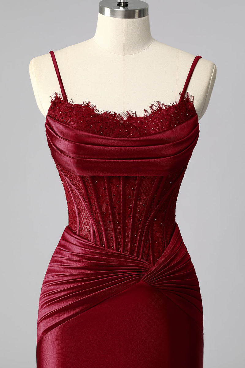 Laden Sie das Bild in den Galerie-Viewer, Burgundy Meerjungfrauen Korsett Ballkleid aus Satin mit Rüschen
