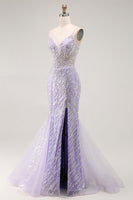 Laden Sie das Bild in den Galerie-Viewer, Meerjungfrau Pailletten Lila Langes Ballkleid mit Schlitz