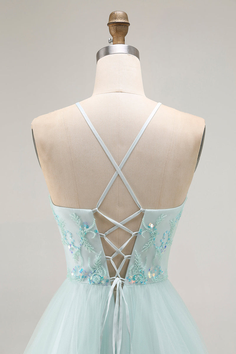 Laden Sie das Bild in den Galerie-Viewer, A Linie Hellgrünes Appliziertes Langes Ballkleid aus Tüll