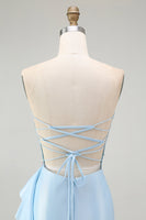 Laden Sie das Bild in den Galerie-Viewer, Funkelndes Hellblaues Trägerloses Korsett Meerjungfrau Perlenbesetztes Langes Ballkleid mit Schlitz