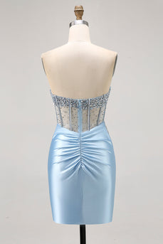 Blaues Trägerloses Korsett Satin Perlenbesetztes Enges Cocktailkleid
