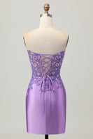 Laden Sie das Bild in den Galerie-Viewer, Glitzerndes Lila Figurbetontes Trägerloses Korsett Gerafftes Pailletten Kurzes Abiballkleid
