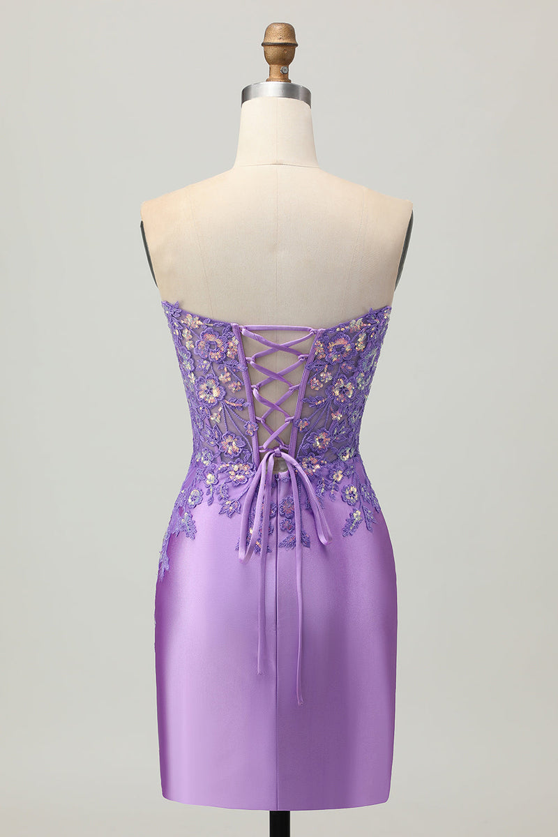 Laden Sie das Bild in den Galerie-Viewer, Glitzerndes Lila Figurbetontes Trägerloses Korsett Gerafftes Pailletten Kurzes Abiballkleid