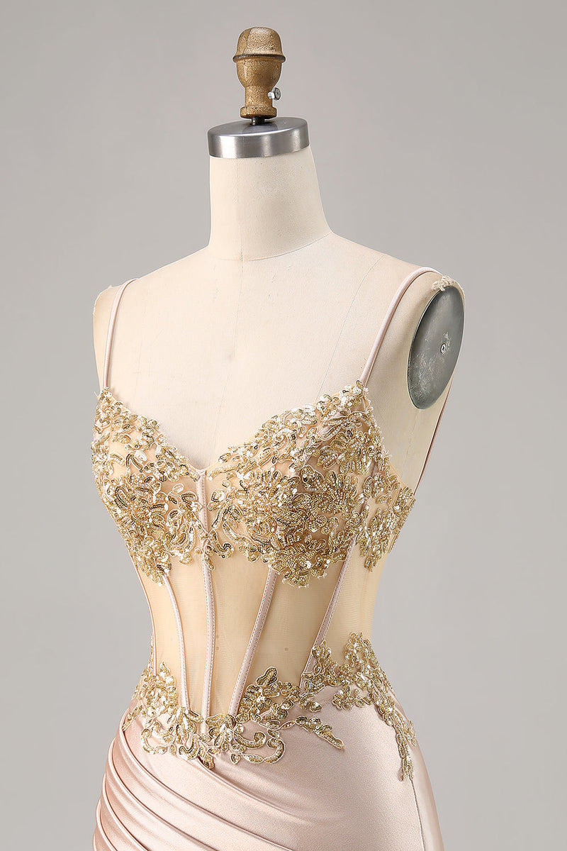 Laden Sie das Bild in den Galerie-Viewer, Champagner Satin Korsett Abiballkleid mit Pailletten