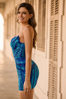 Laden Sie das Bild in den Galerie-Viewer, Glitzerndes Königsblaues Trägerloses Pailletten Enges Kurzes Abiballkleid