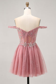 Schulterfreies Dusty Rose Blumen A Linie Cocktailkleid