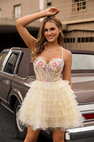 Laden Sie das Bild in den Galerie-Viewer, Aprikose A-Linie Spaghettiträger Korsett Gerüschtes Cocktailkleid