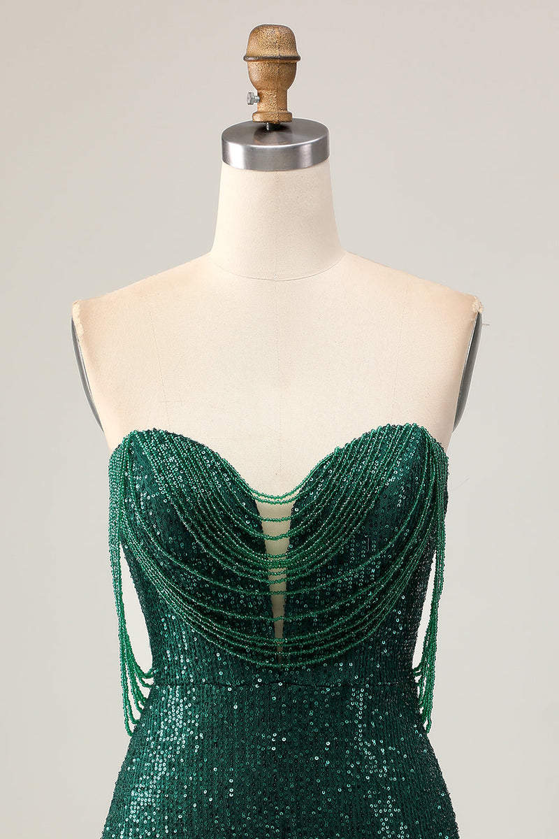 Laden Sie das Bild in den Galerie-Viewer, Schulterfreies Dunkelgrünes Figurbetontes Pailletten Cocktailkleid