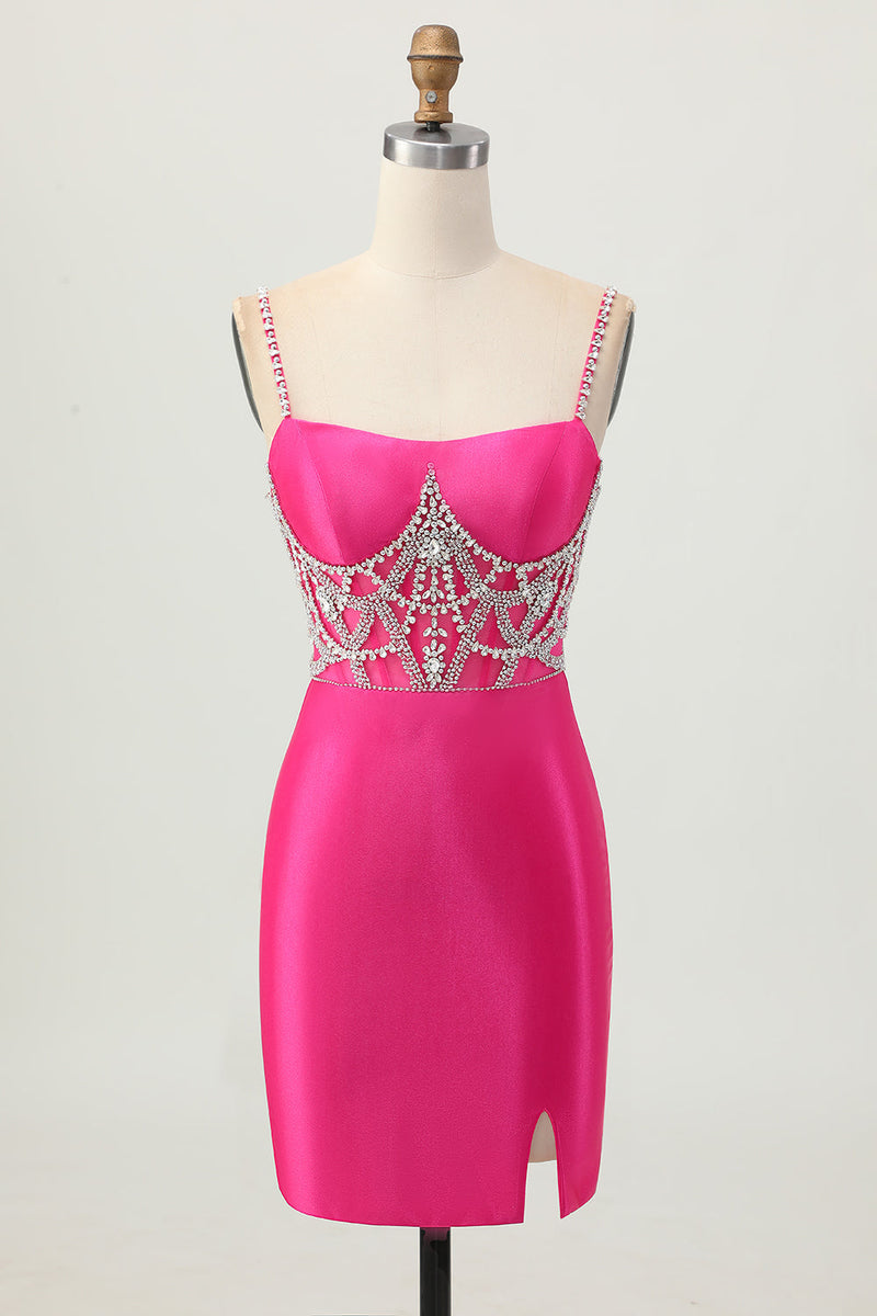 Laden Sie das Bild in den Galerie-Viewer, Fuchsia Bodycon Spaghettiträger Satin Abiballkleid mit Schlitz