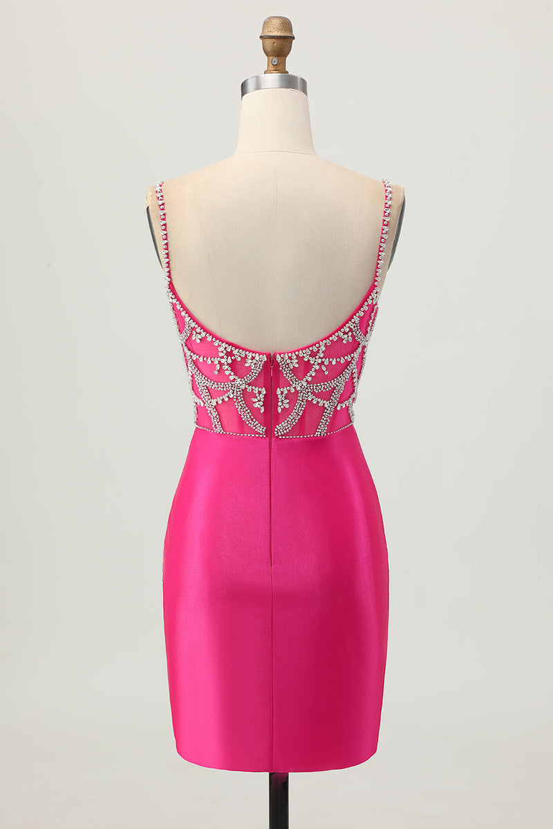 Laden Sie das Bild in den Galerie-Viewer, Fuchsia Bodycon Spaghettiträger Satin Abiballkleid mit Schlitz